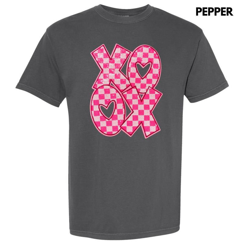 Checkered XOXO Pink Sequin Patch Comfort Colors T-Shirt Hoodie, Sweatshirt | RetroVerseTees.com