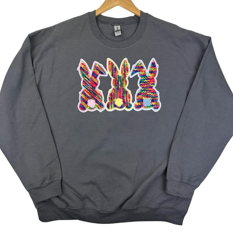 Chenille Bunnies Patch Sweatshirt -- CHARCOAL T-Shirts, Hoodie | RetroVerseTees.com