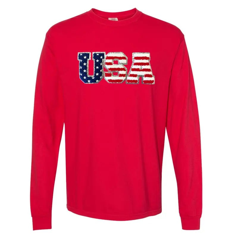 Chenille USA Patch Long Sleeve Comfort Colors T-Shirt Hoodie, Sweatshirt | RetroVerseTees.com