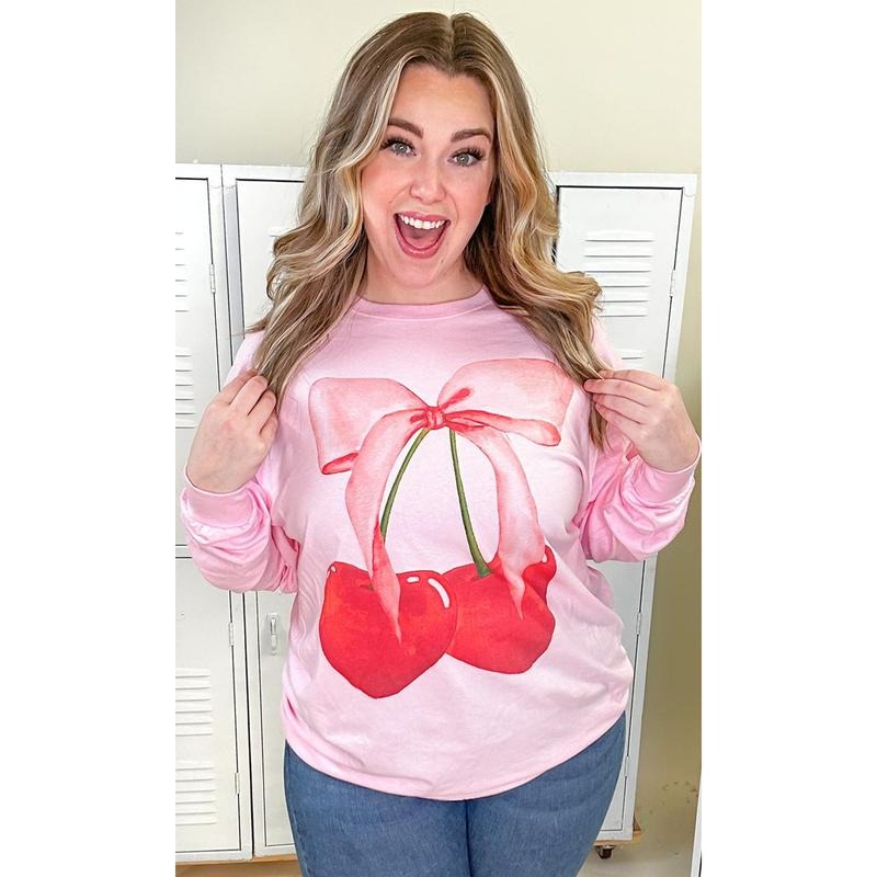 Cherry Bow Long Sleeve Graphic T-Shirt Hoodie, Sweatshirt | RetroVerseTees.com