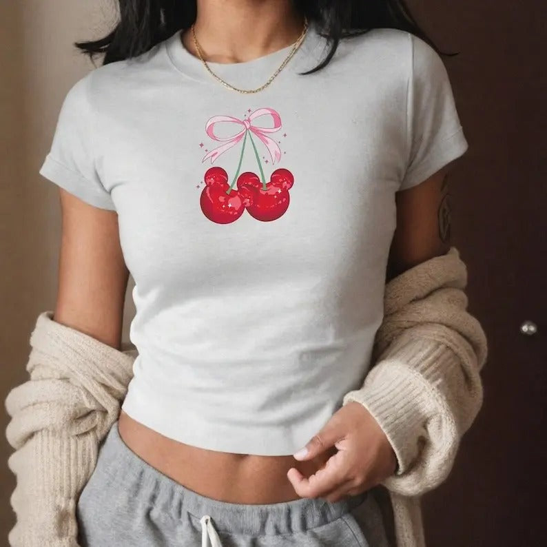 Cherry Mouse Coquette Baby Tee, Bow Womens Y2K 90s Shirt Princess Aesthetic Top, Trendy Family Vacation Outfit, Soft Girl Era Gift for Her