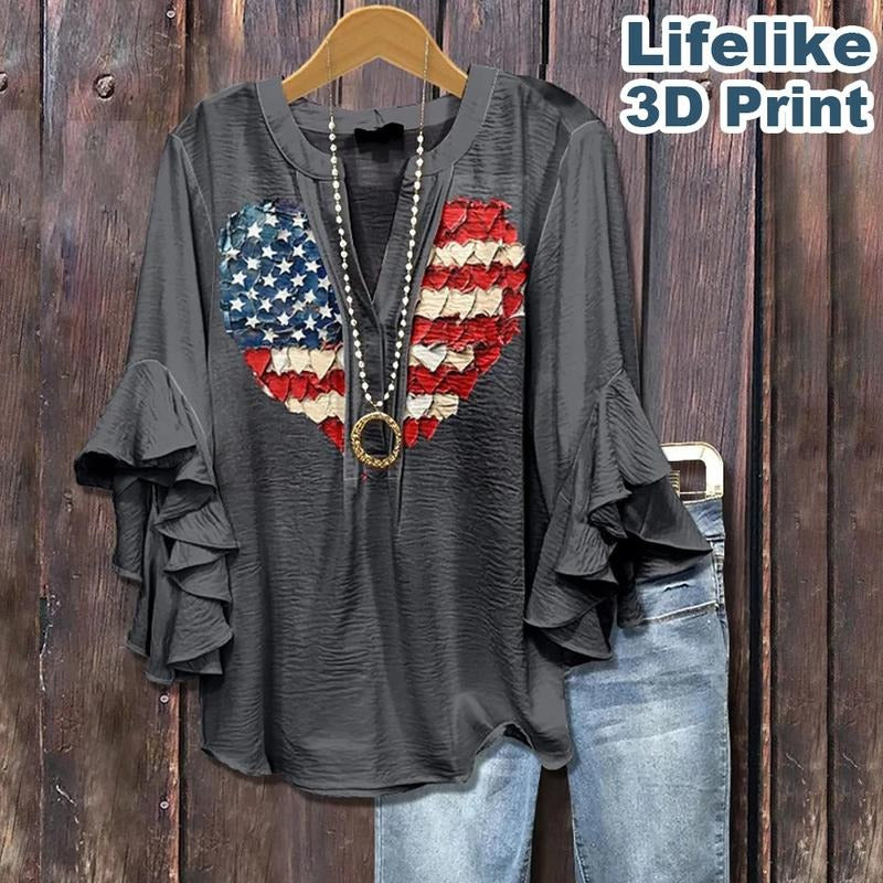 Cherrybetty America Heart Print Ruffle Sleeve Patriotic Top 4th july outfits women Shirts Casual Womenswear Blouse Chic...