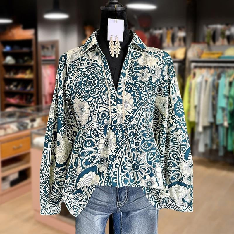Cherrybetty Floral Print V-Neck Long Sleeve Blouse Fashion Shirts Womenswear Casual Elegant Comfortable for Skirts Blue...