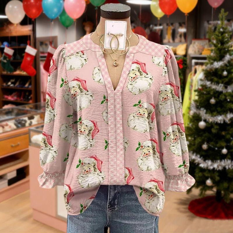 Cherrybetty Mixed Christmas Santa Print Cuff Sleeve Top Blouses Shirts cute fall outfits going outfits going tops basic...