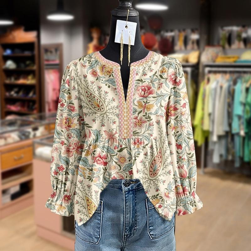 Cherrybetty Paisley Floral Print Embroidered V-Neck Long Sleeve Top for Women'WB shield Fashion fall outfits Women FOG...