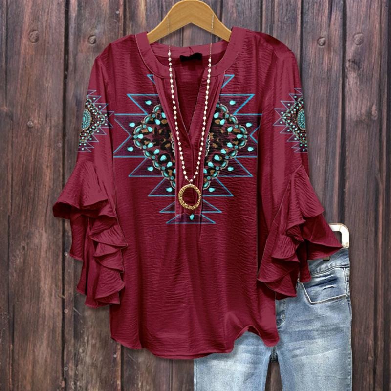 Cherrybetty Retro Ethnic Print Ruffle Sleeve Top red cute flowy tops Bohemian Elegance Womenswear Western Geometric...