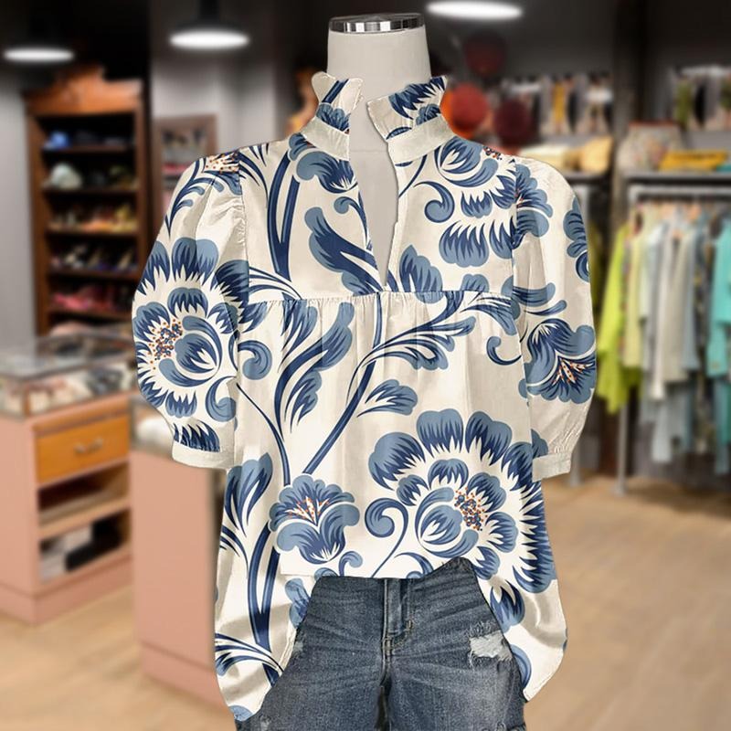 Cherrybetty Retro Floral Print Ruffle Neck Top Blue Shirts Casual Chic Elegance women'WB shield summer outfits going tops...