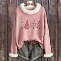 Cherrybetty Sweet Christmas Tree Embroidered Faux Fur Collar Long Sleeve Sweater for Holiday Parties & Casual Wear Red...
