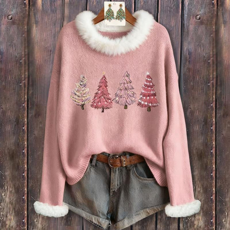 Cherrybetty Sweet Christmas Tree Embroidered Faux Fur Collar Long Sleeve Sweater for Holiday Parties & Casual Wear Red...
