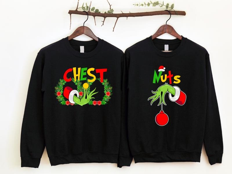 Chest Nuts Christmas Sweatshirts, Matching Couples Christmas Hoodie, Wife Husband Holiday Sweater, New Married Gift...