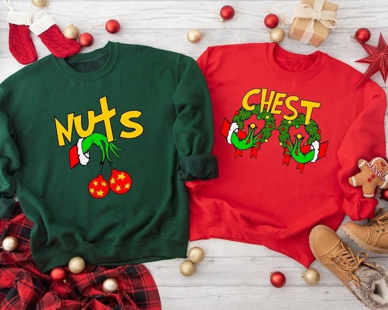 Chest Nuts Couples Matching Sweatshirts, Christmas Humor, Family Holiday Hoodie, Funny Saying, Couple Sweater, Christmas...