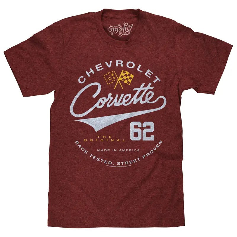 Chevrolet Corvette 62 Race Tested Street Proven T-Shirt - Crimson Heather Hoodie, Sweatshirt | RetroVerseTees.com