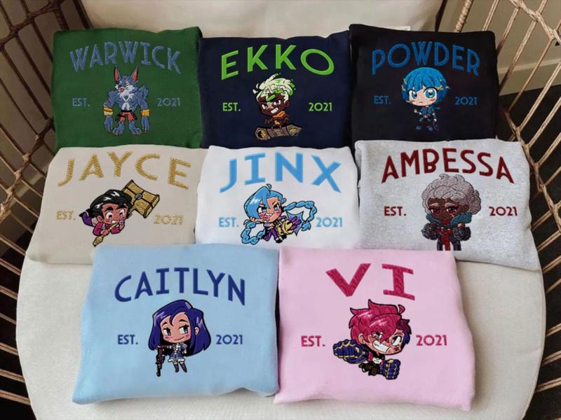 Chibi Arcane Characters Embroidered Sweatshirt, Embroidery Anime Tshirt&Hoodie, Anime Shirt, Unisex Gift | RetroVerseTees.com