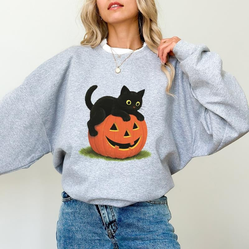 ChicCotton Vintage Black Cat On Pumpkin Sweatshirt, Retro 90s Halloween Crewneck, Fall Season Long Sleeve Pullover, Cat...