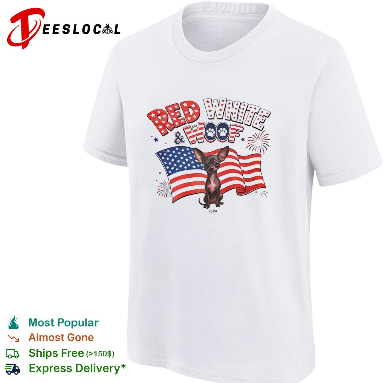 Chihuahua red white and woof US flag shirt
