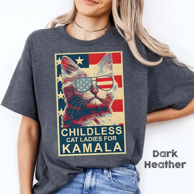 Childless Cat Lady Kamala Shirt, Ladies for Kamala Harris President 2024 Unisex T-Shirt Hoodie, Sweatshirt