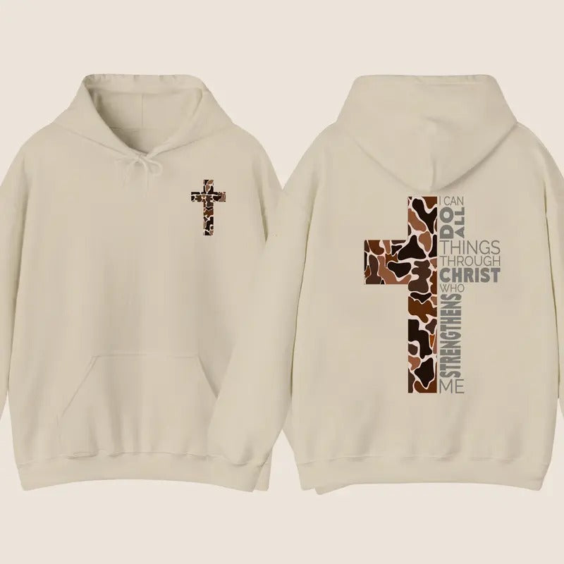 Christian Hoodie - Camo Cross Design with Philippians 4:13 Verse for Men, Women, and Children - Menswear, Classic...