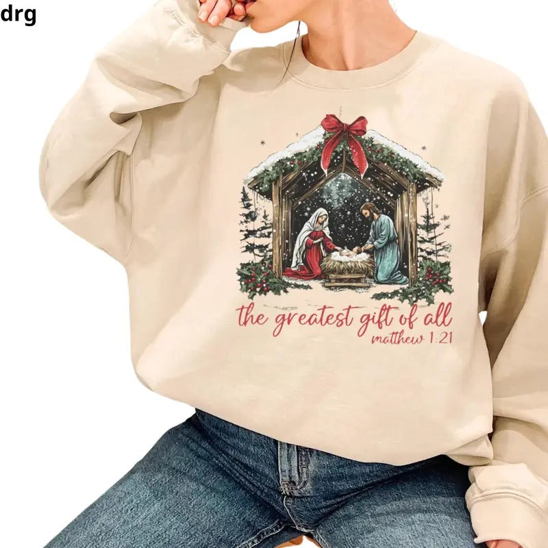 Christian Nativity Sweatshirt, Festive 'The Greatest Gift of All' Design, Hoodie Cozy Christmas Apparel, Inspirational...