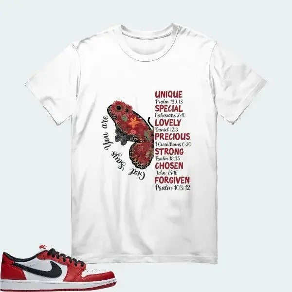 [Christian Sublimation Butterfly] AJ1 Low OG Chicago Matching Tee Hoodie, Sweatshirt | RetroVerseTees.com