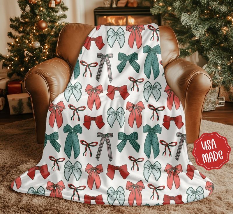 Christmas Bow Blanket, Cute Holiday Throw Blanket, Xmas Decor T-Shirts, Hoodie, Sweatshirt | RetroVerseTees.com