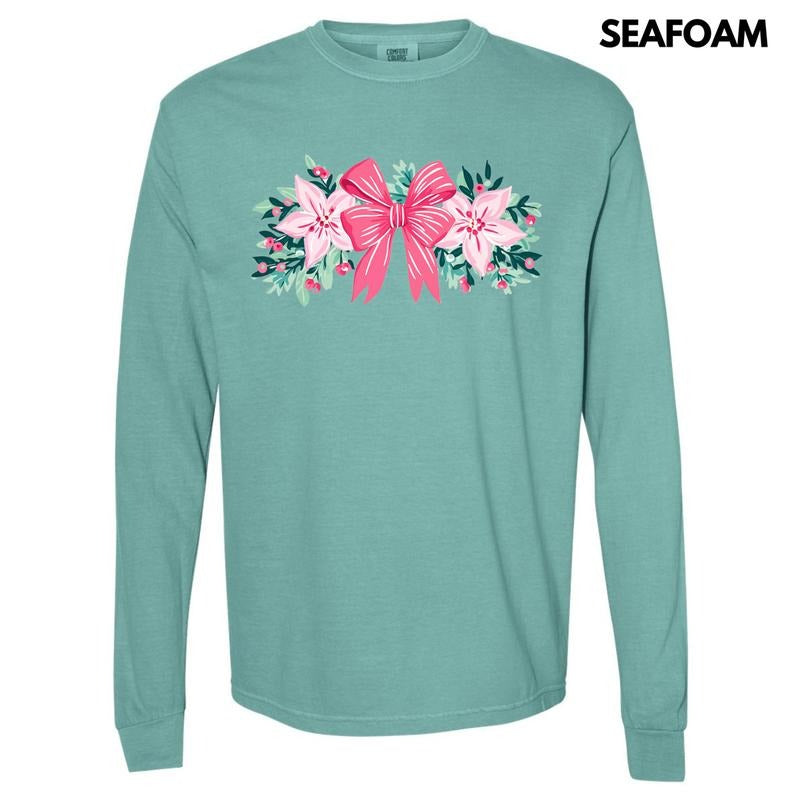 Christmas Bow Garland Long Sleeve Comfort Colors T-Shirt 'NLB' Hoodie, Sweatshirt | RetroVerseTees.com
