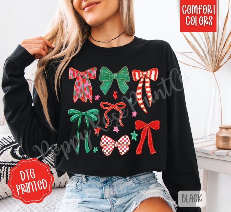 Christmas Bows Comfort Colors Long Sleeve T-Shirt, Cute Women's Holiday Tee Hoodie, Sweatshirt | RetroVerseTees.com