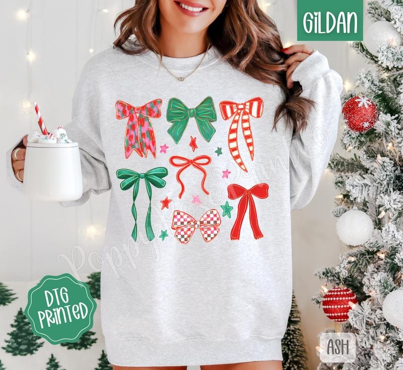 Christmas Bows Sweatshirt, Trendy Women's Holiday Crewneck T-Shirts, Hoodie | RetroVerseTees.com