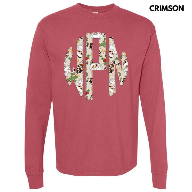 Christmas Cow Print Monogram Long Sleeve Comfort Colors T-Shirt 'NLB' Hoodie, Sweatshirt | RetroVerseTees.com