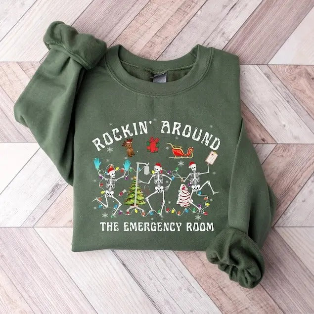 Christmas ER Nurse Sweatshirt, ER Nurse Shirt, Rockin' Around Skeleton, Er Tech Shirt, Emergency Department, Christmas...