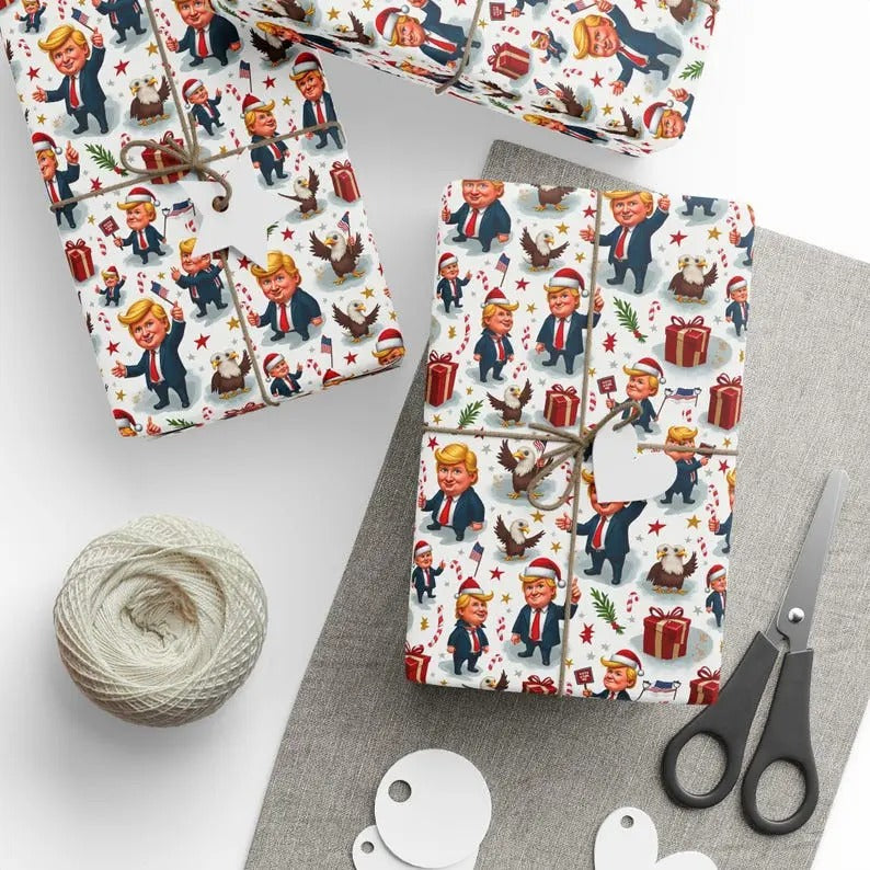 Christmas Election Humor Wrapping Papers, Funny Trump Holiday Gift Wrap, USA Election Theme, Red White Blue Xmas Gift...