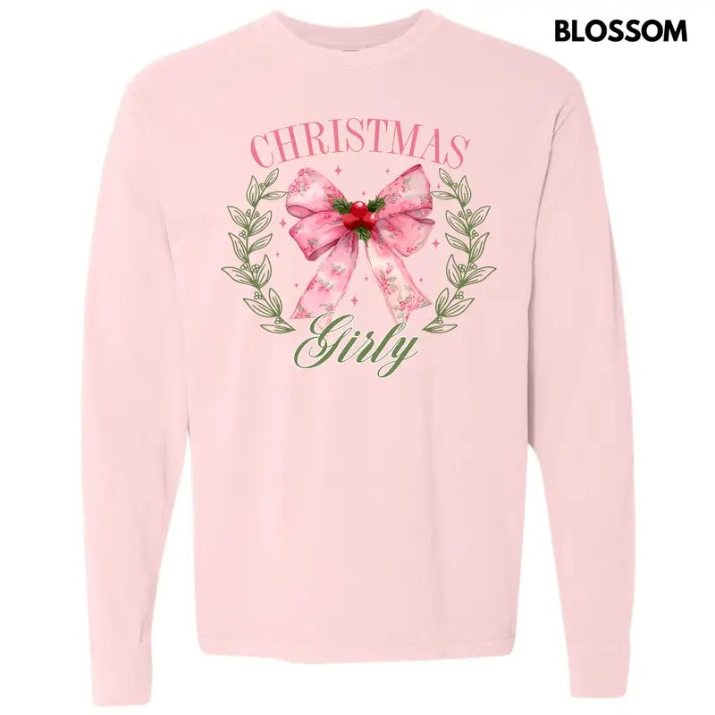 Christmas Girly Coquette Long Sleeve Comfort Colors T-Shirt 'NLB' Hoodie, Sweatshirt | RetroVerseTees.com