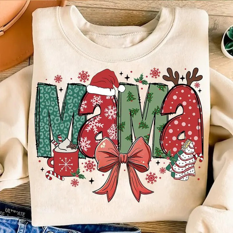 Christmas Mama Claus Sweatshirt, Coquette Bow Christmas Tree Cake Shirt, Candy Cane Santa Hot Cocoa T-Shirt, Festive...