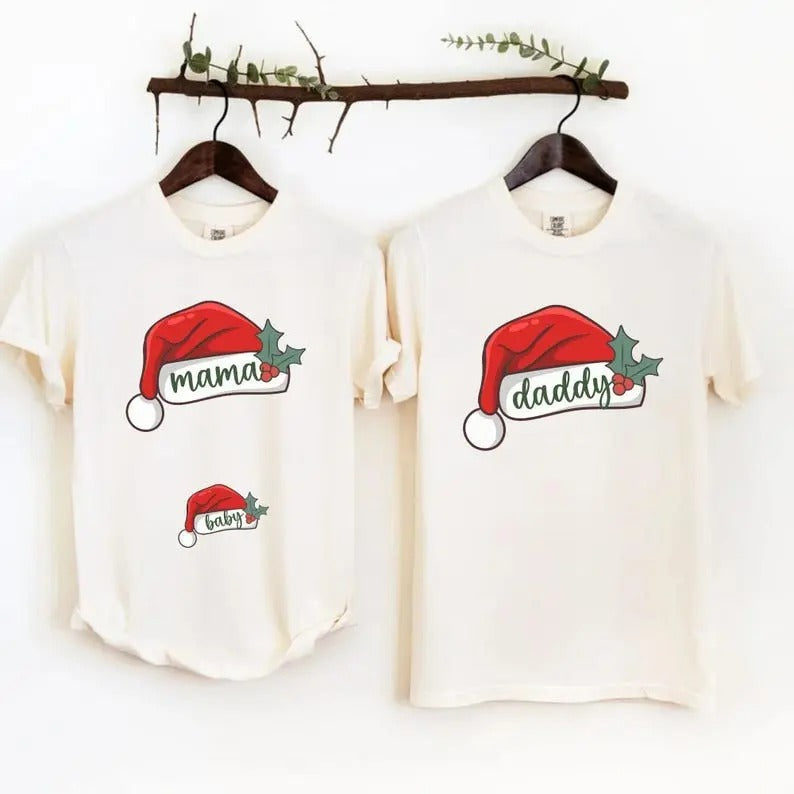 Christmas Pregnancy Announcement Mama Daddy Matching Christmas Baby Reveal Shirts Santa Hat Shirt Christmas Maternity...