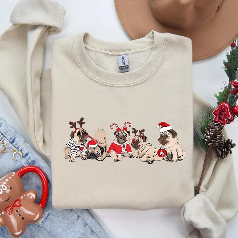 Christmas Pug Sweatshirt, Pug Mom Christmas Shirt, Merry Pugmas Sweater, Santa Hat Pug T-Shirt, Pug Lover Xmas Shirt Hoodie