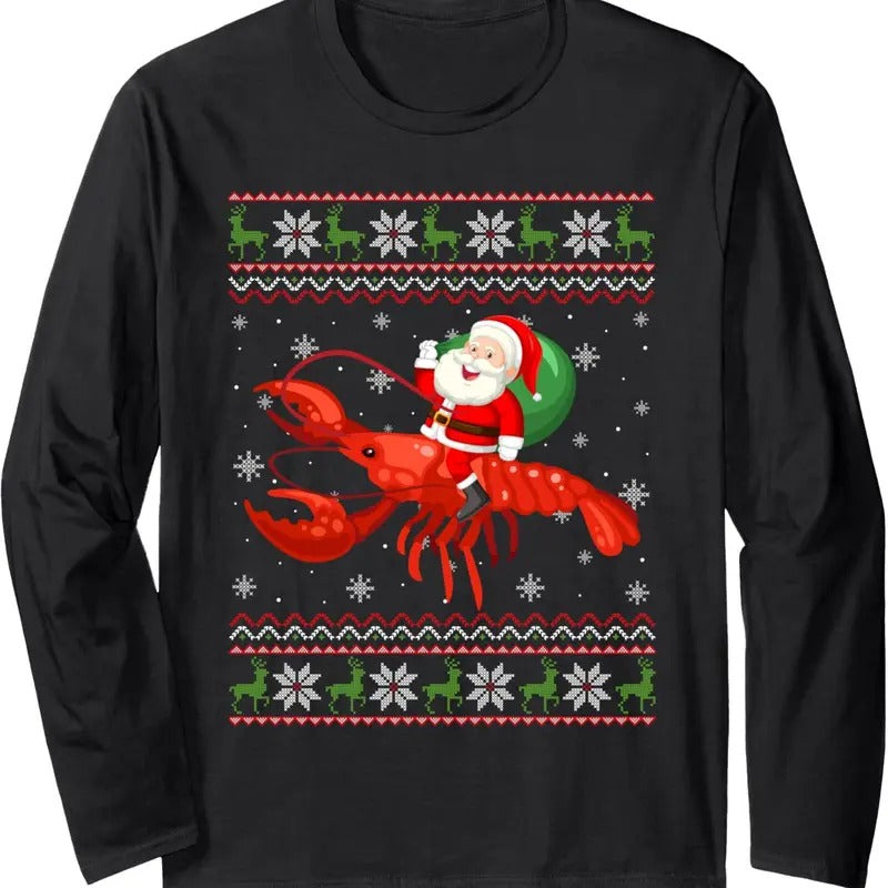 Christmas Santa Riding Lobster Funny Ugly Xmas Sweater Long Sleeve T-Shirt Hoodie, Sweatshirt | RetroVerseTees.com