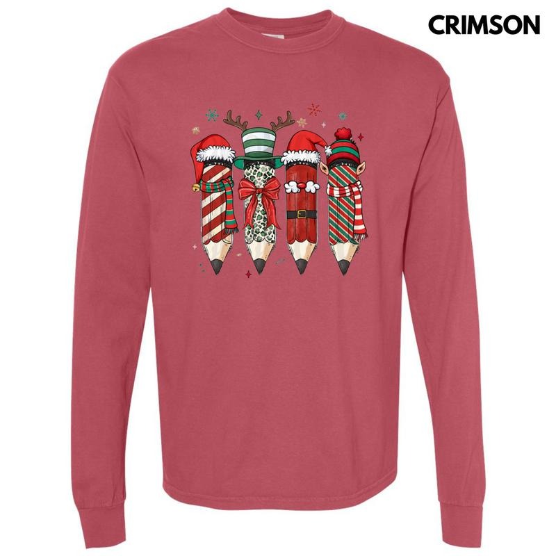 Christmas Teacher Pencils Long Sleeve Comfort Colors T-Shirt Hoodie, Sweatshirt | RetroVerseTees.com