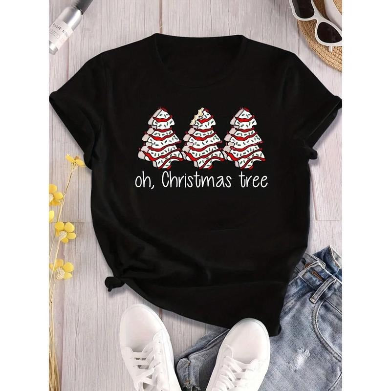 Christmas Tree Print T-Shirt For Casual Wear Black Crewneck Short Sleeve Fitted Cotton Fabric Top Womenswear Streetwear...