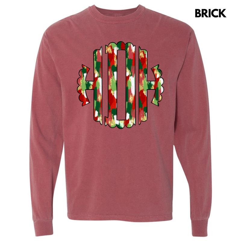 Christmas Watercolor Monogram Long Sleeve Comfort Colors T-Shirt 'NLB' Hoodie, Sweatshirt | RetroVerseTees.com