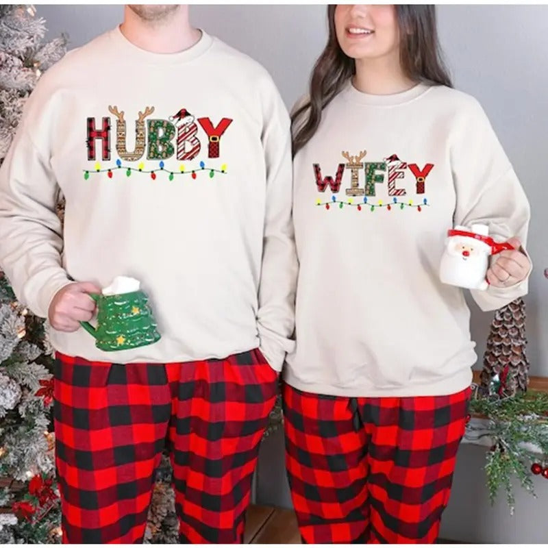 Christmas Wifey Hubby Xmas Sweatshirt, Couple Married Xmas Shirt, Married Pjs, Couple Matching Holiday Pjs, Hubby Wifey...
