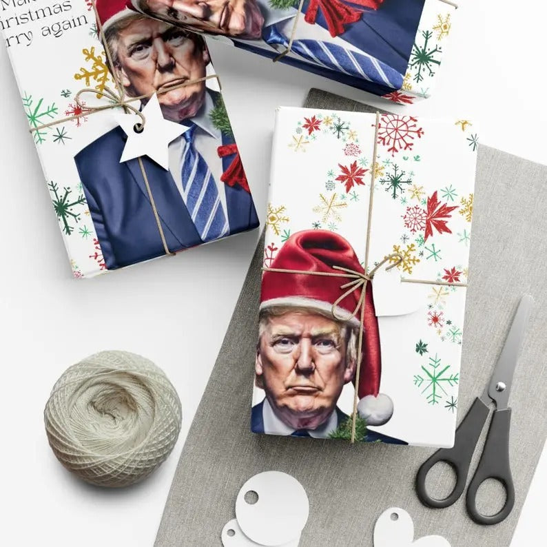 Christmas Wrapping Paper, Merry Christmas Trump Funny Xmas Gift Wrap, Holiday Package Decor, Festive Political...