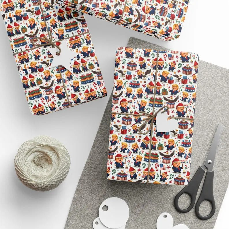 Christmas Wrapping Papers, Election Theme Gift Wrap, Funny Trump Cartoon Design, USA Election Gift Wrap, Political...