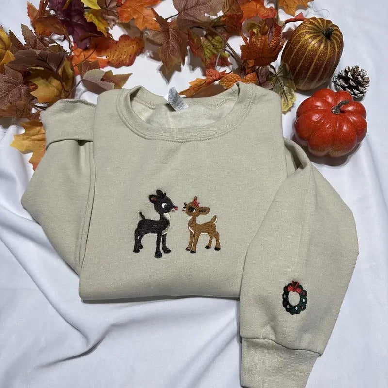 Christmas sweatshirt with wreath embroidered on the sleeve; Christmas embroidered crewneck T-Shirts, Hoodie