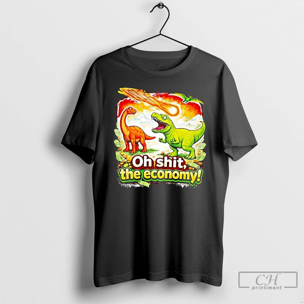 Classic Brontosaurus And T Rex As A Meteor Falls Oh Sht The Economy T Shirts Hoodie, Sweatshirt | RetroVerseTees.com