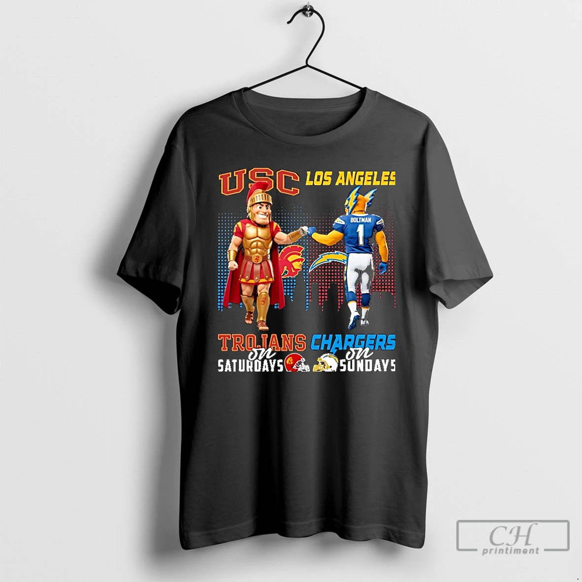 Classic Usc Trojans On Saturdays Vs Los Angeles Chargers On Sundays Mascot Skyline Christmas T-Shirts, Hoodie, Sweatshirt