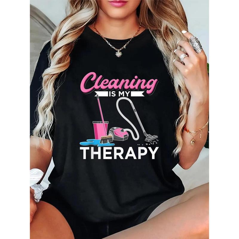 Cleaning Print T-shirt, Casual Short Sleeve Crew Neck Top For Spring & Summer, Women'WB shield Clothing Hoodie, Sweatshirt