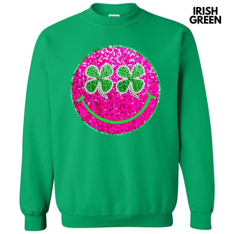 Clovers & Pink Faux Glitter Happy Face Sweatshirt 'NLB' T-Shirts, Hoodie | RetroVerseTees.com