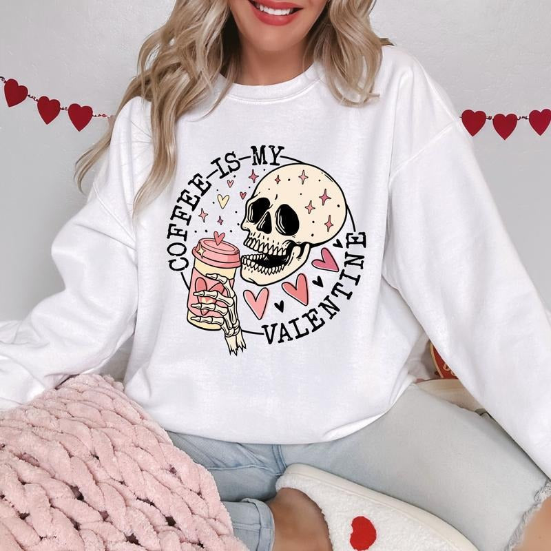 Coffee Is My Valentine Skull Unisex Gildan Sweatshirt T-Shirts, Hoodie | RetroVerseTees.com