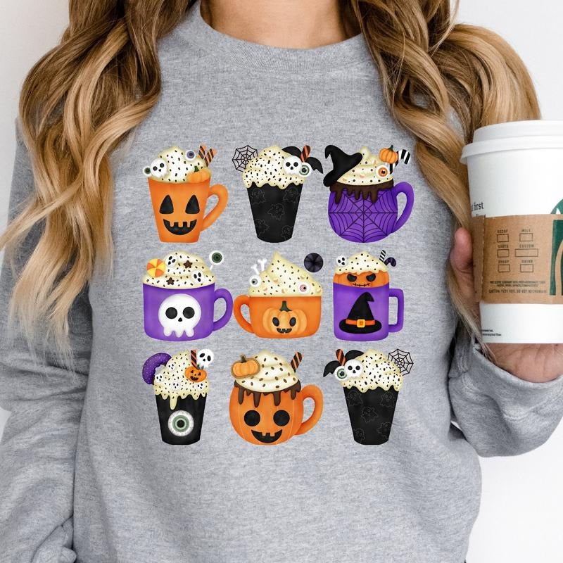 Coffee Latte Halloween Sweatshirt, Fall Pumpkin Coffee Hoodie, Unisex Coffee Lover Gift, Spooky Season Sweater. T-Shirts