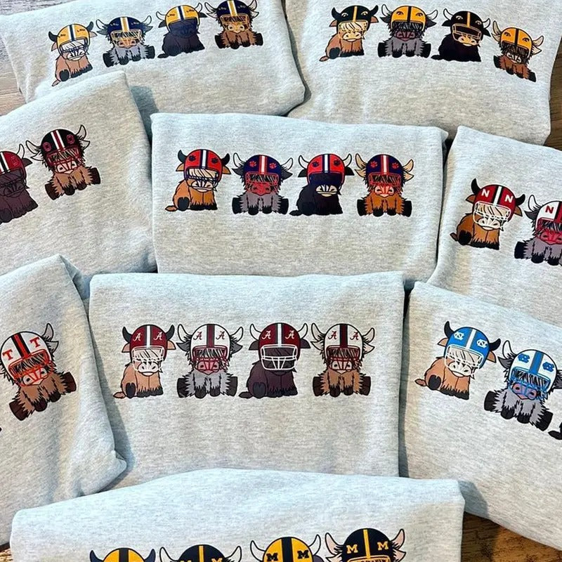 College Football Highland Cow Soft Sweatshirt - Unisex Classic Casual Off-White Cotton Hoodie with Team Customization...