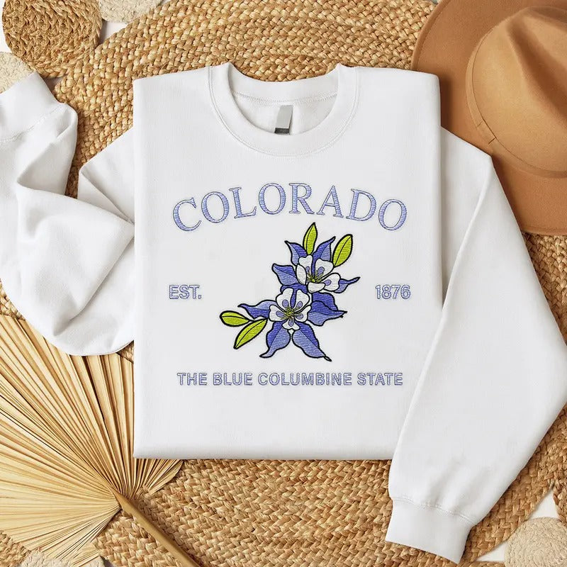 Colorado Blue Columbine Embroidered State Flower Sweatshirt, Hometown Embroidered Shirt, Favorite Flower Embroidered...